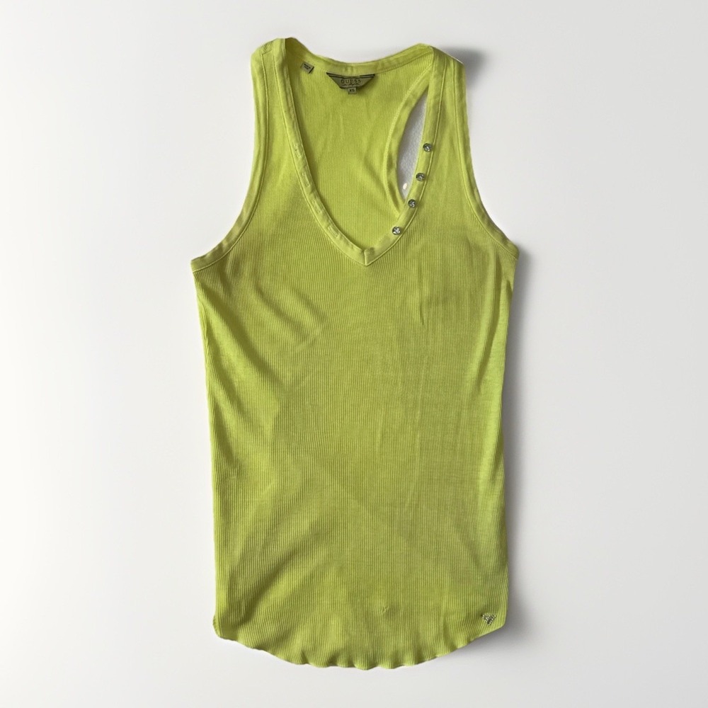 Vintage Guess Women Y2K Lace Trim Cotton Babydoll Tank Small Yellow Jewel *Flaw*
